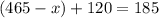 (465 - x) + 120 = 185