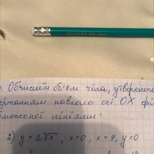 Обчислити об‘єм тіла, утвореного обертанням навколо осі ох фігури, обмеженої лініями