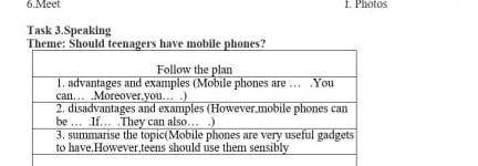 Speaking Theme: Should teenagers have mobile phones? Follow the plan 1. advantages and examples (Mob