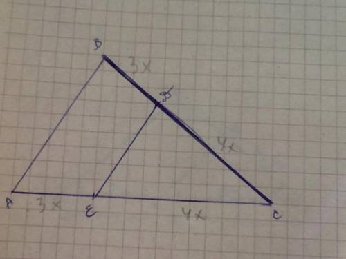сторона ас треугольника абс равна 21 . на стороне вс взята точка д так что бд : дс = 3:4 через точку