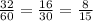 \frac{32}{60} = \frac{16}{30} = \frac{8}{15}