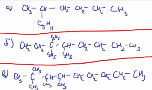 Написать формули за назвами: а) 2-пентилгексанб)3,3,4- триетиллоктанв)2,2,3,4 тетраметилнонан