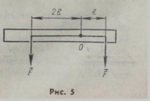К неподвижному рычагу с осью вращения в точке О прикладывают две одинаковые по модулю силы (рисунок)