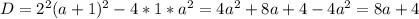 D=2^2(a+1)^2-4*1*a^{2} =4a^2+8a+4-4a^2=8a+4