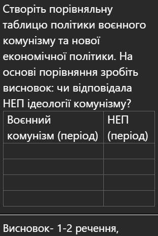 Створіть порівняльну таблицю політики воєнного комунізму та нової економічної політики.