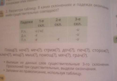Сонажам 2. Рассмотри таблицу. В каких склонениях и падежах окончания имён существительных совпадают?