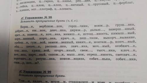 И Упражнение N 98 Вставить пропущенные буквы (о, е, е). Борщ...к, верблюж...нок, горш...чник, Вояж..