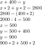 x+400=y\\x*2+y*2=2800\\2800-(400*2)\\2000: 4 = 500\\x = 500\\y = 500+400\\y = 900\\900*2+500*2