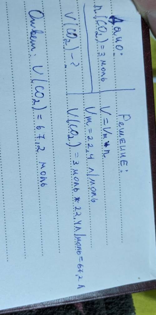 Какой объем займут 3 моль углекислого газа(CO2)?можете расписать дано и решение