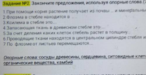 Задание No2. Закончите предложения, используя опорные слова: 1. При корня растение получает из почвы