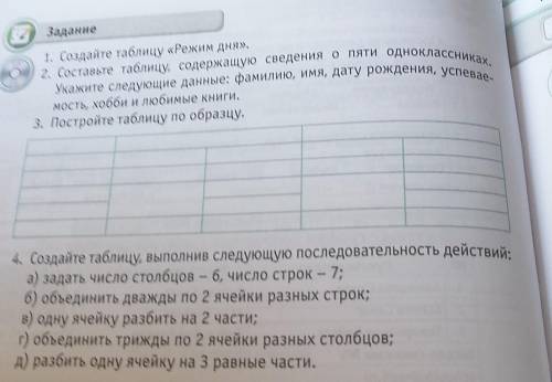 1. Создайте таблицу «Режим дня». Задание 2. Составьте таблицу, содержащую сведения о пяти одноклассн