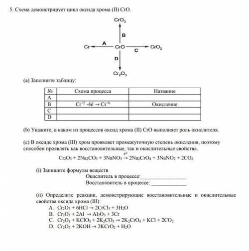 с химией. 5. Схема демонстрирует цикл оксида хрома (II) CrO. (а) Заполните таблицу:схема процессаназ