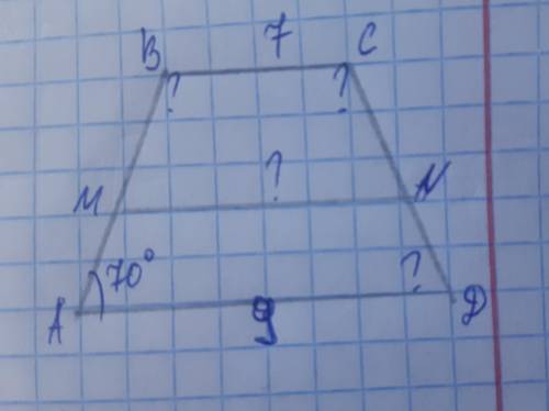 Дано: BC=7смAD=9смугол А=70°найдитеMNугол Сугол Вугол D