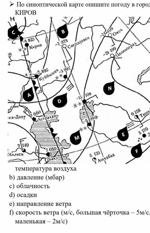 По синоптической карте опишите погоду в городе КИРОВ a) температура воздуха b) давление (мбар) c) об