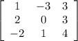 \left[\begin{array}{ccc}1&-3&3\\2&0&3\\-2&1&4\end{array}\right]