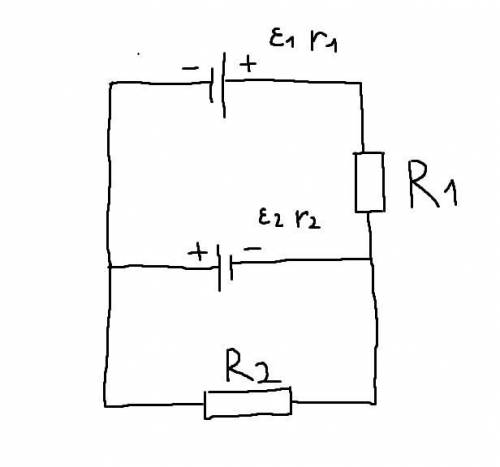 Определить токи в ветвях цепи, если ε1 = ε2 = 1,4 В, r1 = r2 = 0,1 Ом, R1 = 0,9 Ом, R2 = 0,5 Ом. Опр