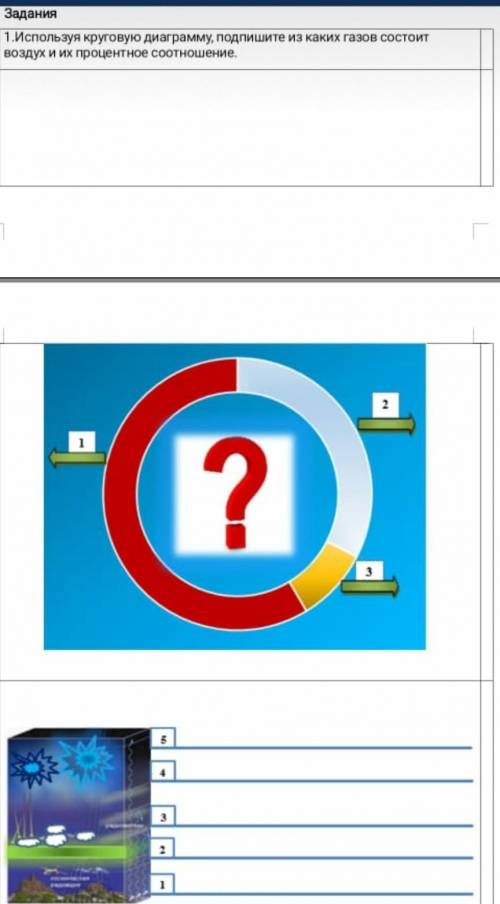 1. Используя круговую диаграмму, запишите, из каких газов состоит воздух и их процентное содержание.