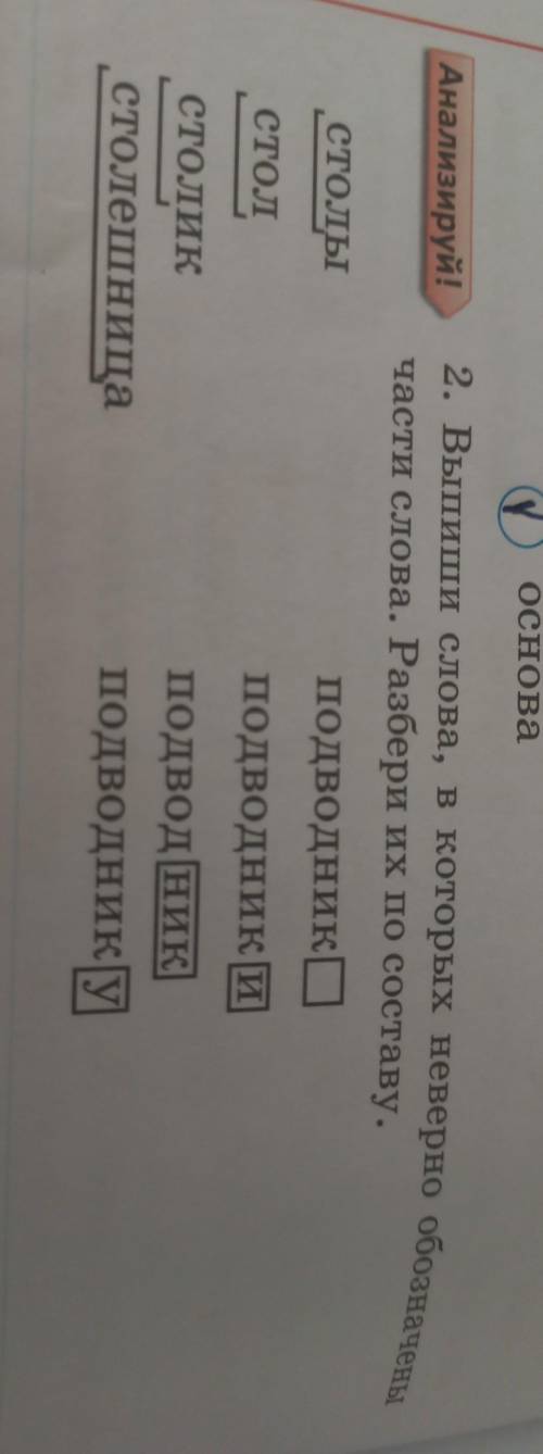 Анализируй! 2. Выпиши слова, в которых неверно обозначены части слова. Разбери их по составу. подвод