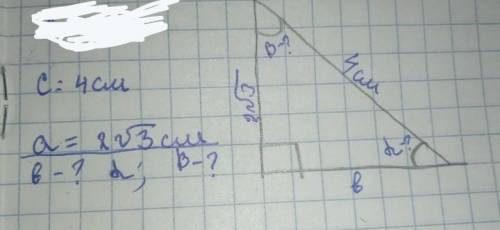 C=4cm a=2квадратная корень3 в-? альфа-? В-?