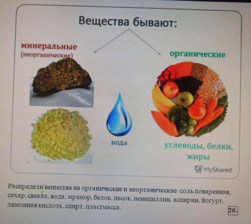 Распредели вещества на органические и неорганические: соль поваренная , сахар , свекла , вода , мрам