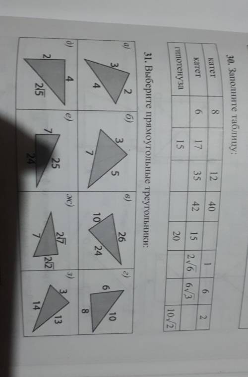 30. Заполните таблицу: катет 8 12 40 1 1 6 2. катет 6 17 35 42 15 216 63 102 Гипотенуза 15 20 31. Вы