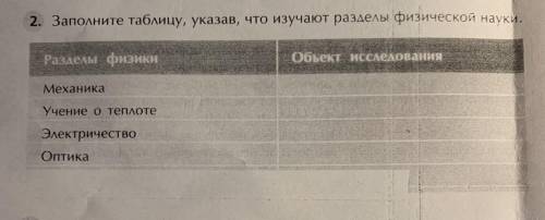 Заполните таблицу, указав, что изучают разделы физической науки.