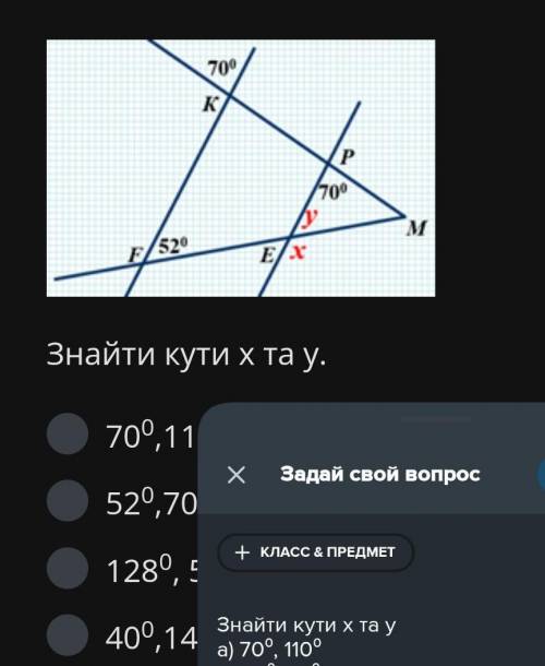 Знайти кути х та у а) 70⁰, 110⁰б) 52⁰, 70⁰в) 128⁰, 52⁰г) 40⁰, 140⁰19 минут осталось ..