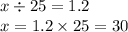 x \div 25 = 1.2 \\ x = 1.2 \times 25 = 30