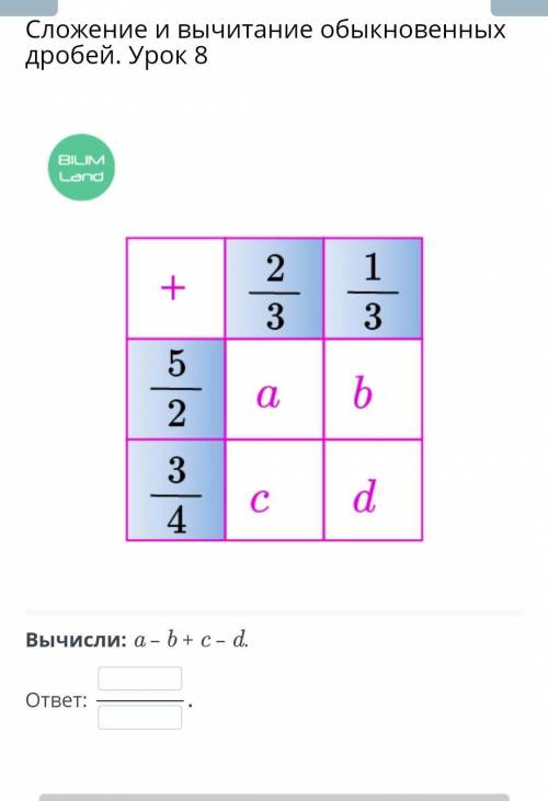 Сложение и вычитание обыкновенных дробей. Урок 8 Вычисли: a – b + c – d. ответ: