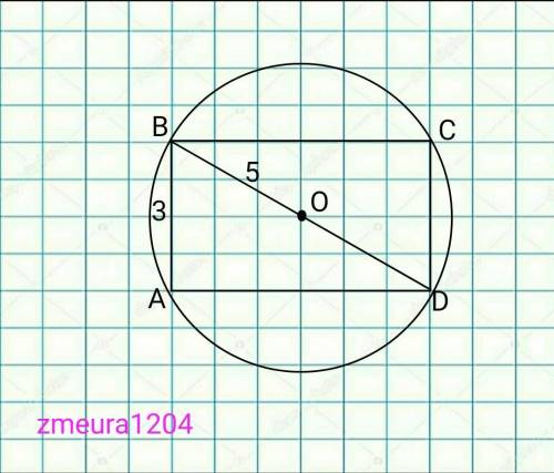 Коло радіусом 2,5 см описане навколо прямокутника, висота якого дорівнює 3 см. Знайдіть довжину прям
