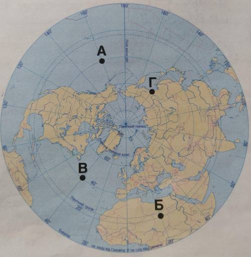 4. За картою Північної півкулі визнач географічні координати точок та від- стань між ними в градусах