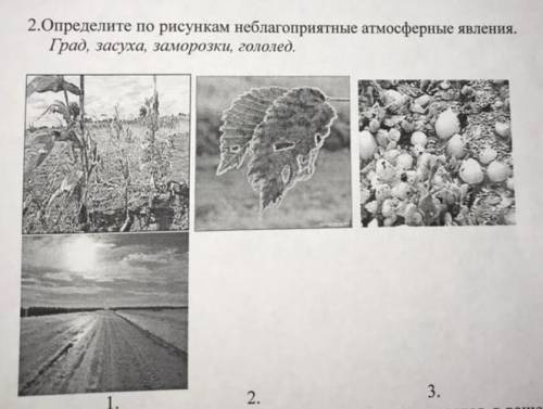 2.Определите по рисункам неблагоприятные атмосферные явления. Град, засуха, заморозки, гололед, ОН 1