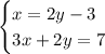 \left. \begin{cases} { x = 2y - 3 } \\ { 3x + 2y = 7 } \end{cases} \right.