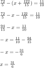 \frac{72}{5} -(x+\frac{122}{15} )=\frac{11}{10} frac{72}{5} -x-\frac{122}{15} =\frac{11}{10} frac{94}{15} -x=\frac{11}{10} -x=\frac{11}{10}-\frac{94}{15} -x=-\frac{31}{6} x=\frac{31}{6}