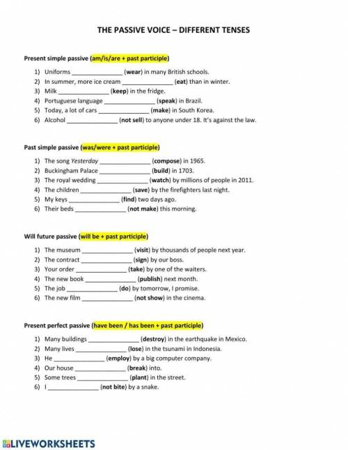 Present simple passive (am/is/are + past participle) 5-6 Past simple passive (was/were + past partic