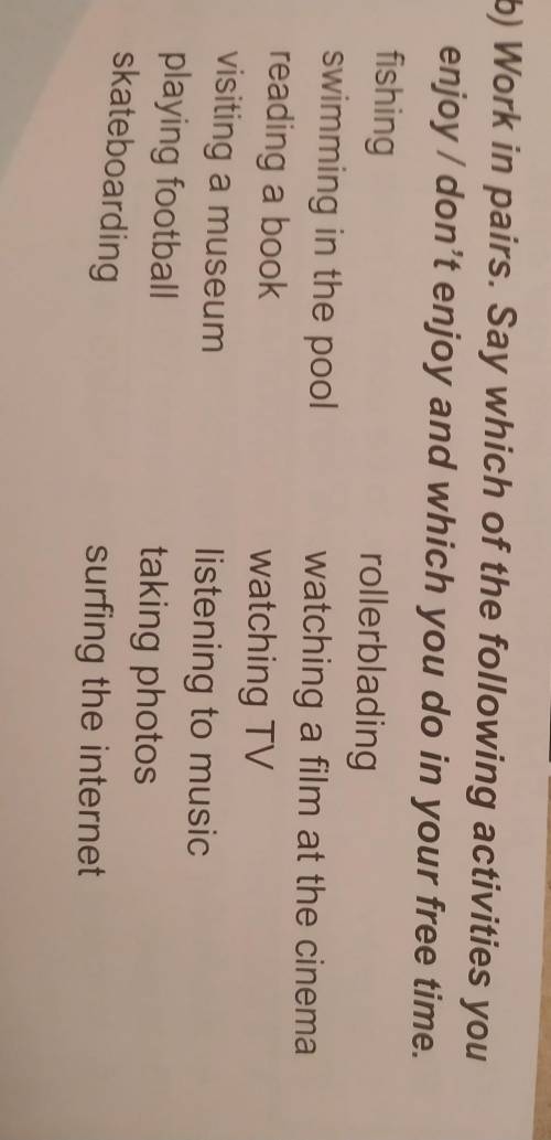 b) Work in pairs. Say which of the following activities you enjoy / don't enjoy and which you do in