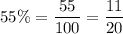 55\%=\dfrac{55}{100}=\dfrac{11}{20}