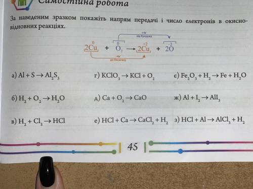 За наведеним зразком покажіть напрям передачі і число електронів в окисно- відновних реакціях.