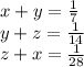 x + y = \frac{1}{7} \\ y + z = \frac{1}{14} \\ z + x = \frac{1}{28}