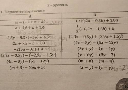 В - 2. . 2-уровень 1. Упростите выражение A 1. т – (-2+n+k) / А. —1,4(0,2а - 0,3b) + 1,8а 1 а + 4,6+