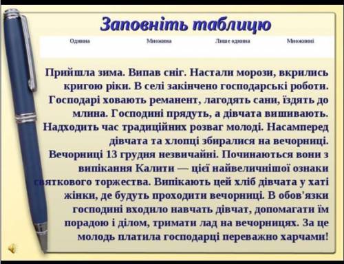 Потрібно з тексту(у фоткі) виписати іменники, розподілівши за категоріями числа, заповнити таблицю