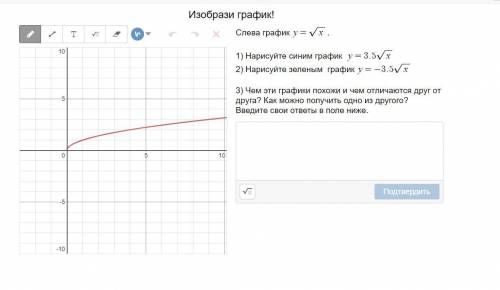 Изобрази график! Cлева график $$y=x. 1) Нарисуйте синим график $$y=3.5x 2) Нарисуйте зеленым график