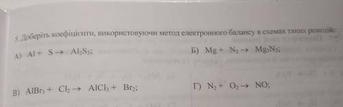 5. Доберіть коефіцієнти, використовуючи метод електронного балансу в схемах таких реакцій: A) Al + S