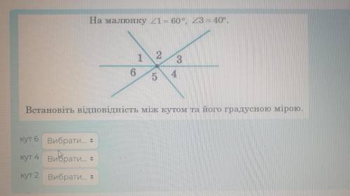 На малюнку 21 = 60 ° 23 = 40°. Встановіть відповідність між кутом та його градусною мірою.