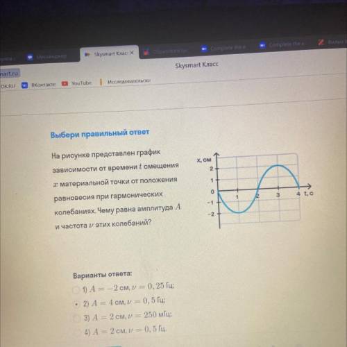Выбери правильный ответ х, см 2 1 На рисунке представлен график зависимости от времени t смещения х
