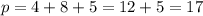 p = 4 + 8 + 5 = 12 + 5 = 17