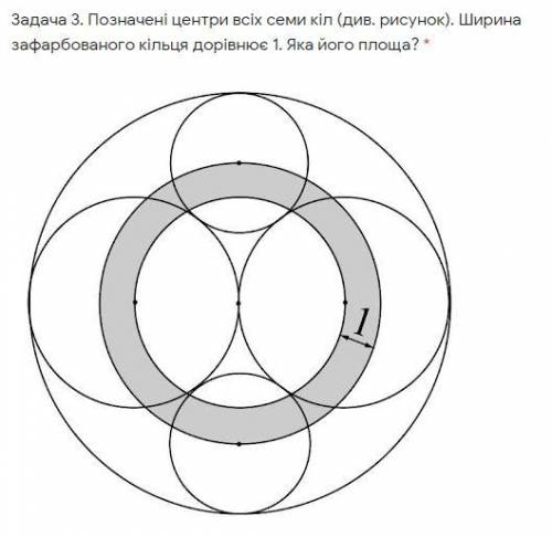 Обозначенные центры всех семи окружностей. Ширина окрашенного кольца равна 1. Какова его площадь?