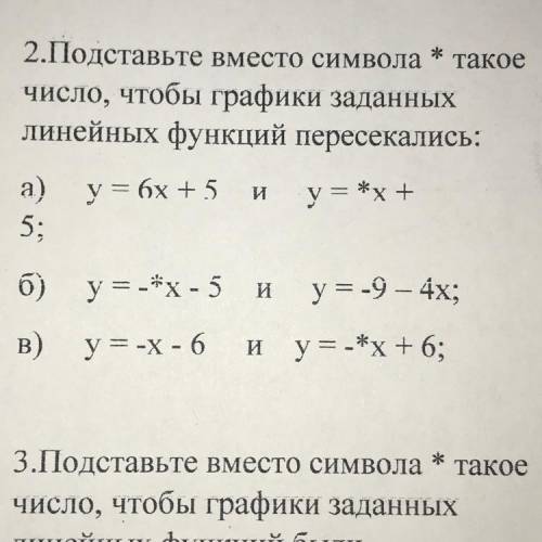 Подставьте вместо символа * такое число , чтобы графики заданных линейных функций пересекались