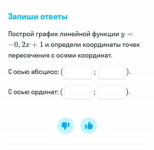 Построй график линейной функции y= -0,2x+1 и определи координаты точек пересечения с осями координат