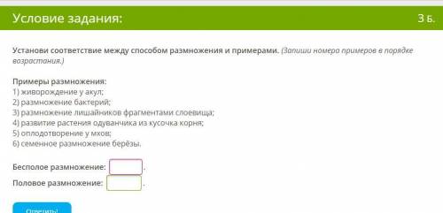 Установи соответствие между размножения и примерами. (Запиши номера примеров в порядке возрастания.)